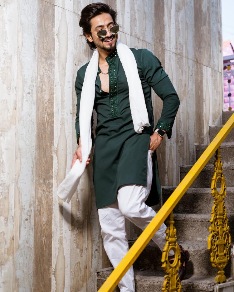 MEHNDI GREEN MIRROR EMBROIDERY KURTA AND PATIYALA