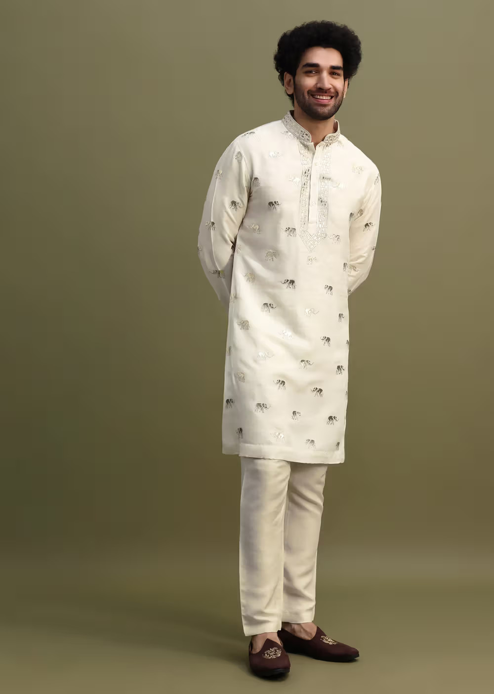 White FOIL EMBROIDERY WORK KURTA PAJAMA SET FOR MEN'S