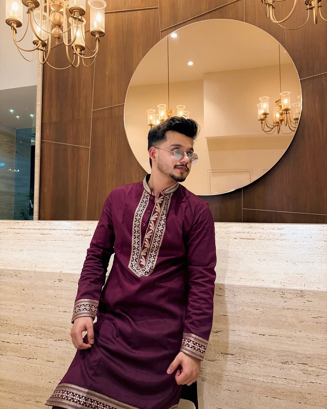 MAROON RIYAZ NECK EMBROIDERED MEN'S KURTA WITH PAJAMA SET
