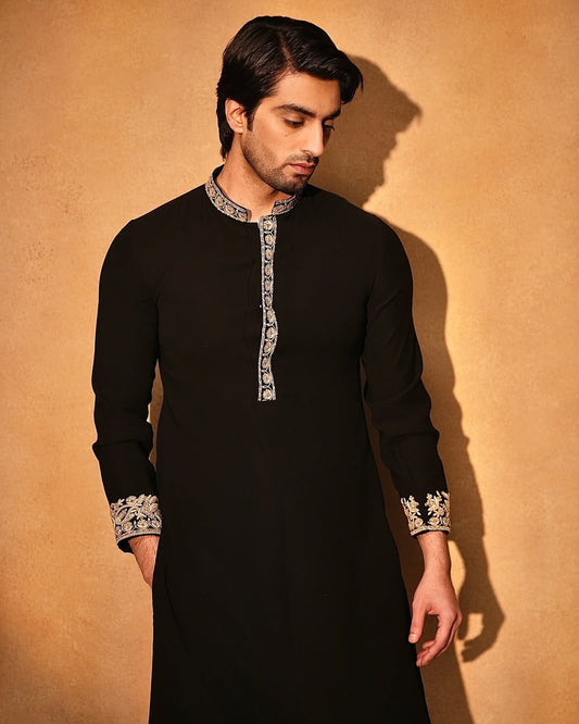 Black Hand Embroidered Kurta With Pants