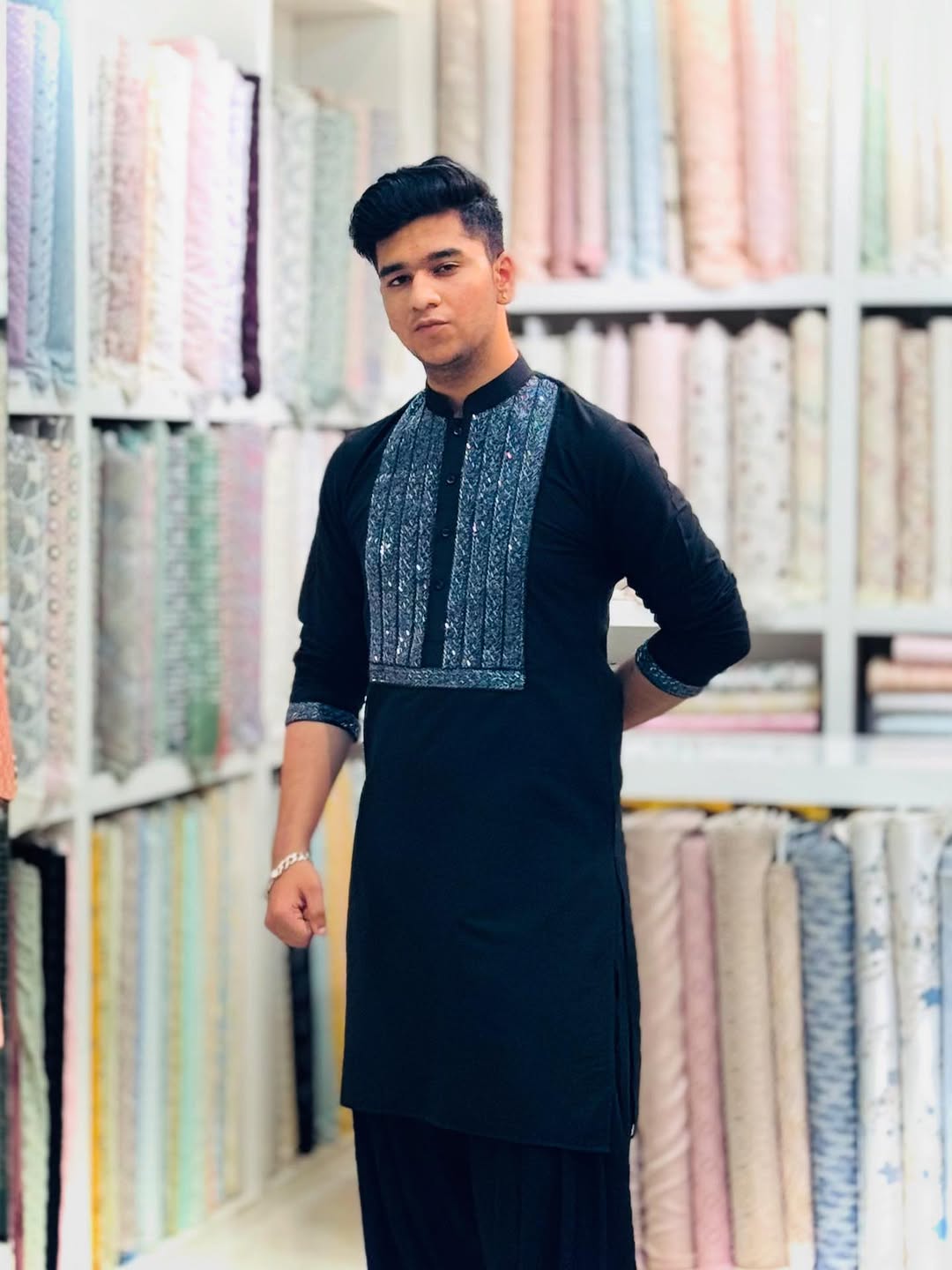 BLUE NACK SATIN EMBROIDERED KURTA WITH PAJAMA SET