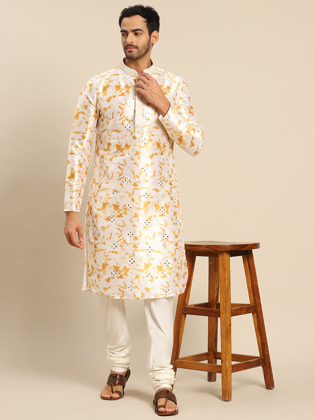 TIE AND DIE MIROOR YELLOW KURTA WITH PAJAMA