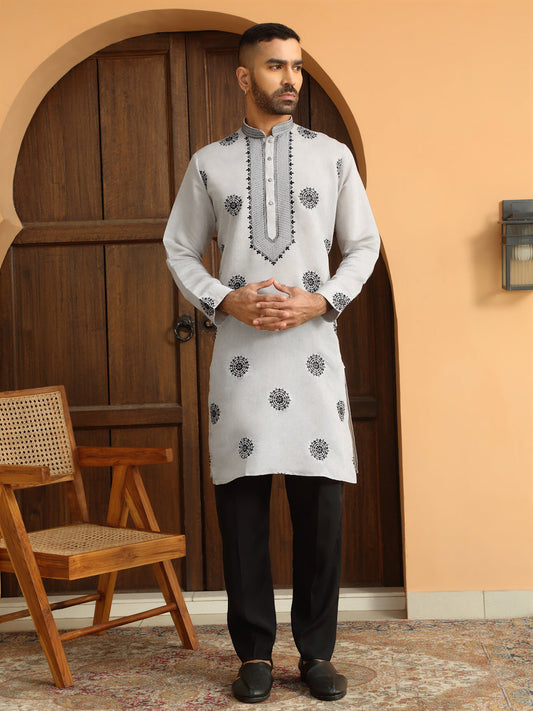 LIGHT GREY NECK EMBROIDERED WHITE KURTA WITH BLACK PAJAMA