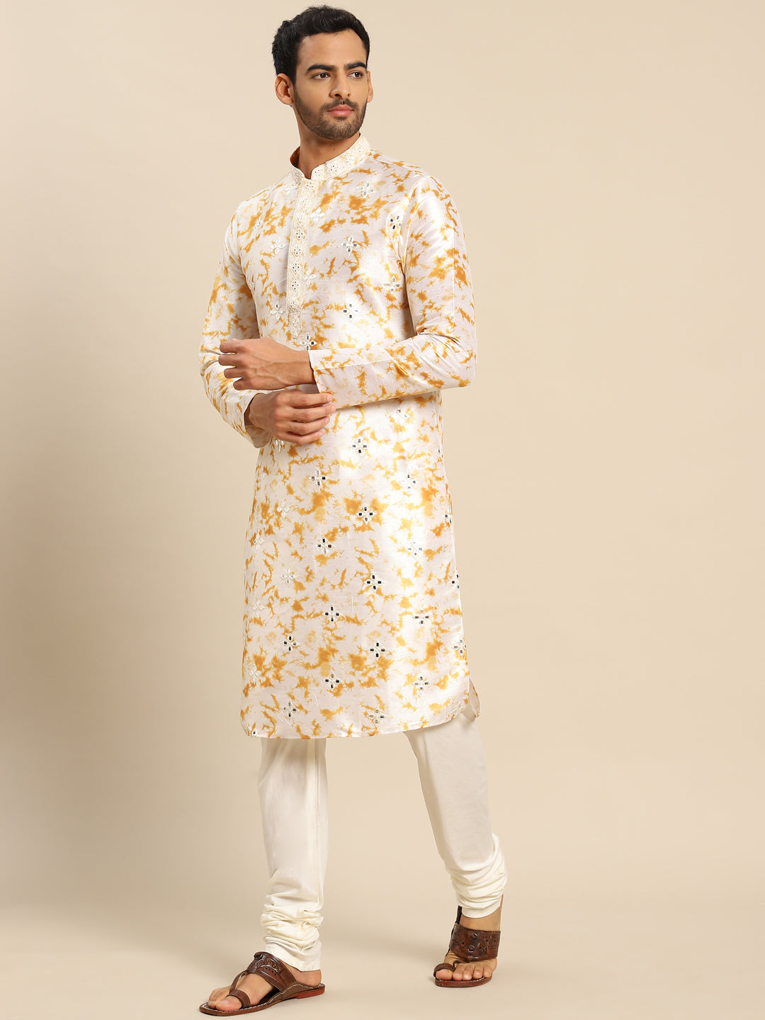 TIE AND DIE MIROOR YELLOW KURTA WITH PAJAMA
