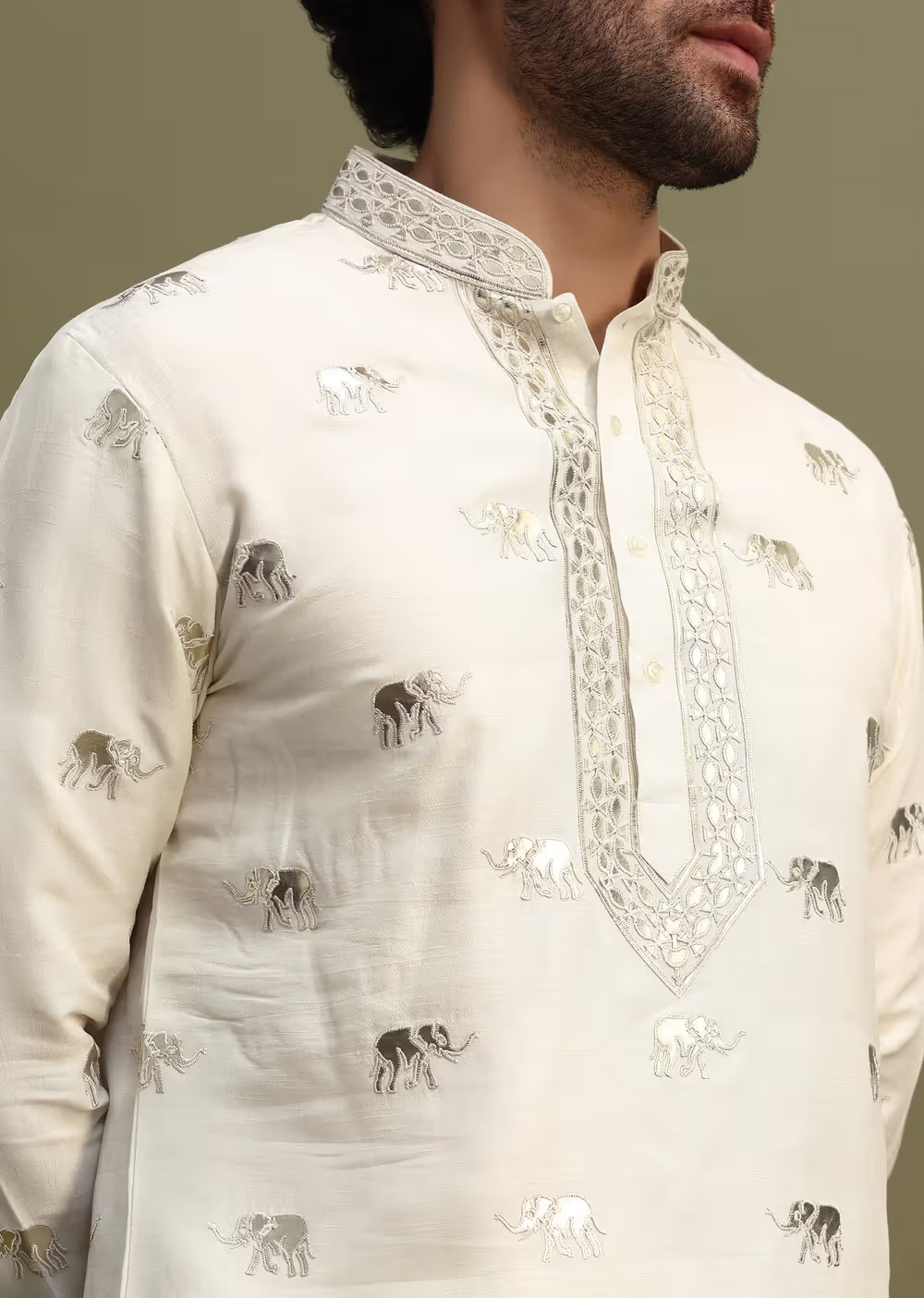 White FOIL EMBROIDERY WORK KURTA PAJAMA SET FOR MEN'S
