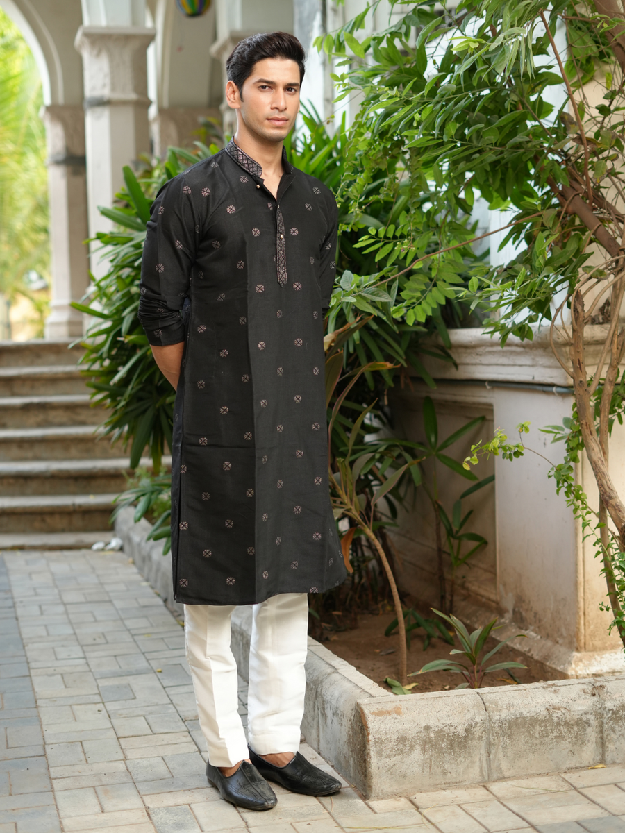 BLACK SEQUENCE EMBROIDERY WORKED MEN'S KURTA + BLACK PAJAMA