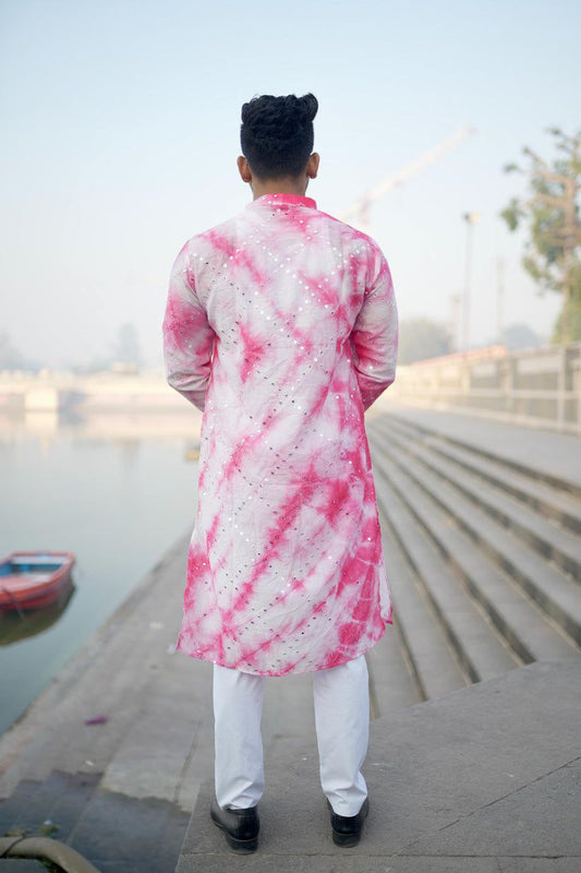 FUCHSIA PINK SILK TIE & DYE KURTA PAJAMA SET FOR MEN'S