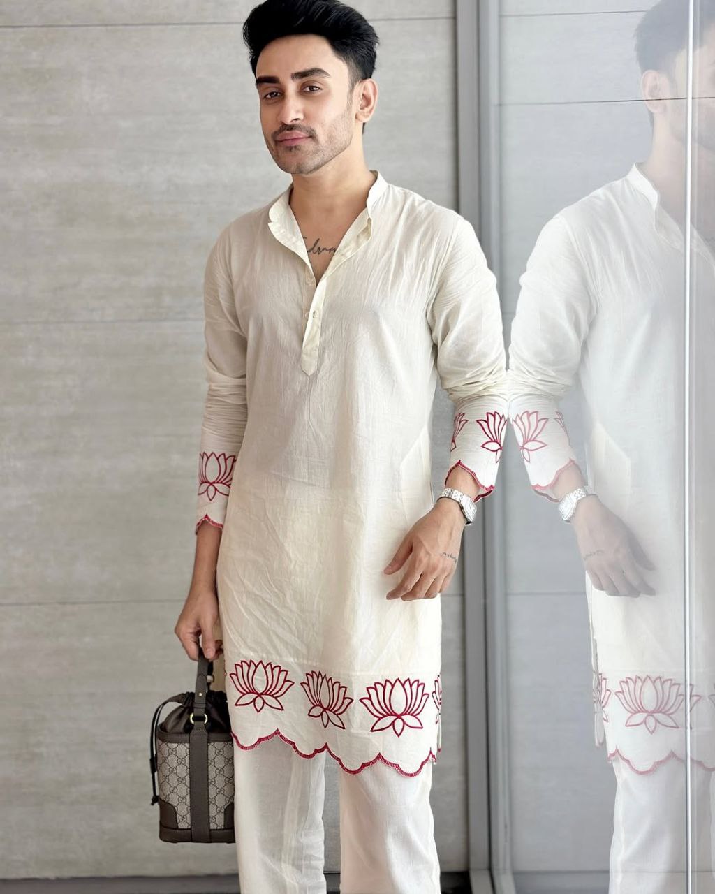 White Lotus Embroidered Men's Kurta With Pajama