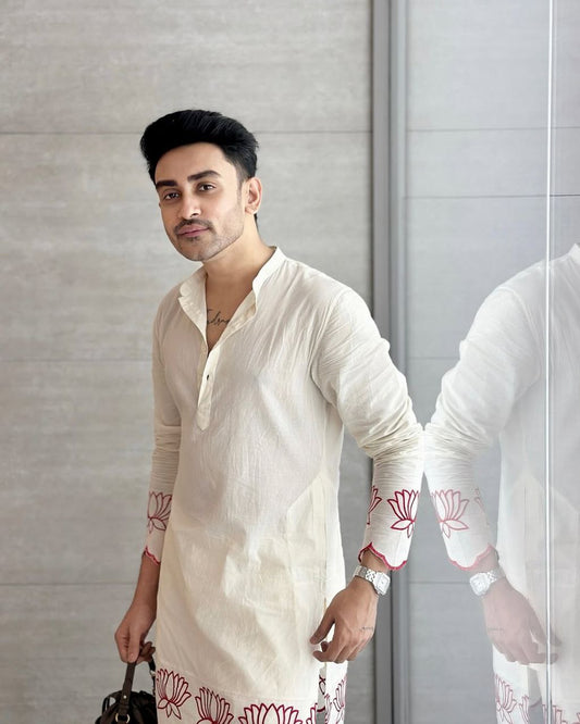 White Lotus Embroidered Men's Kurta With Pajama