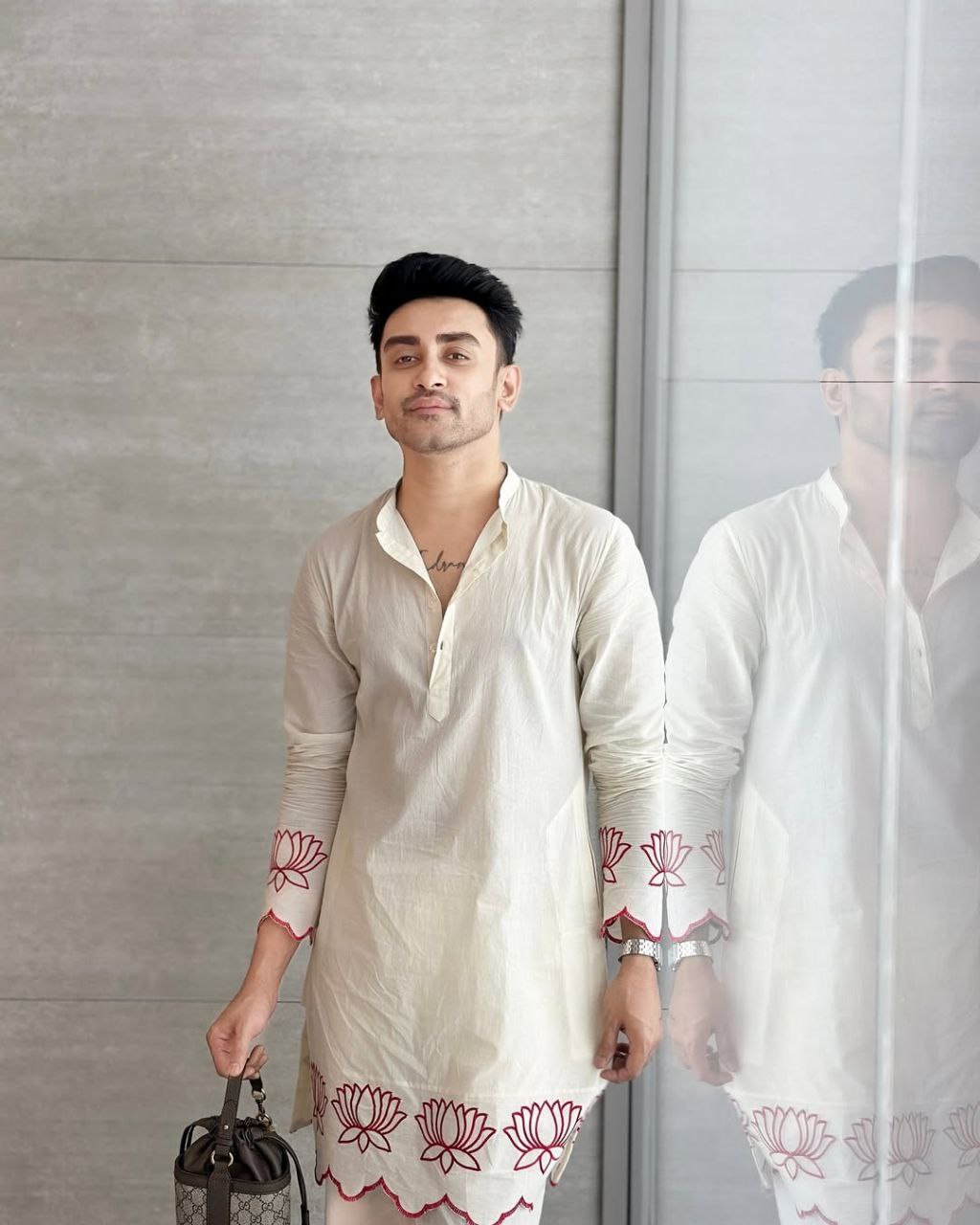 White Lotus Embroidered Men's Kurta With Pajama