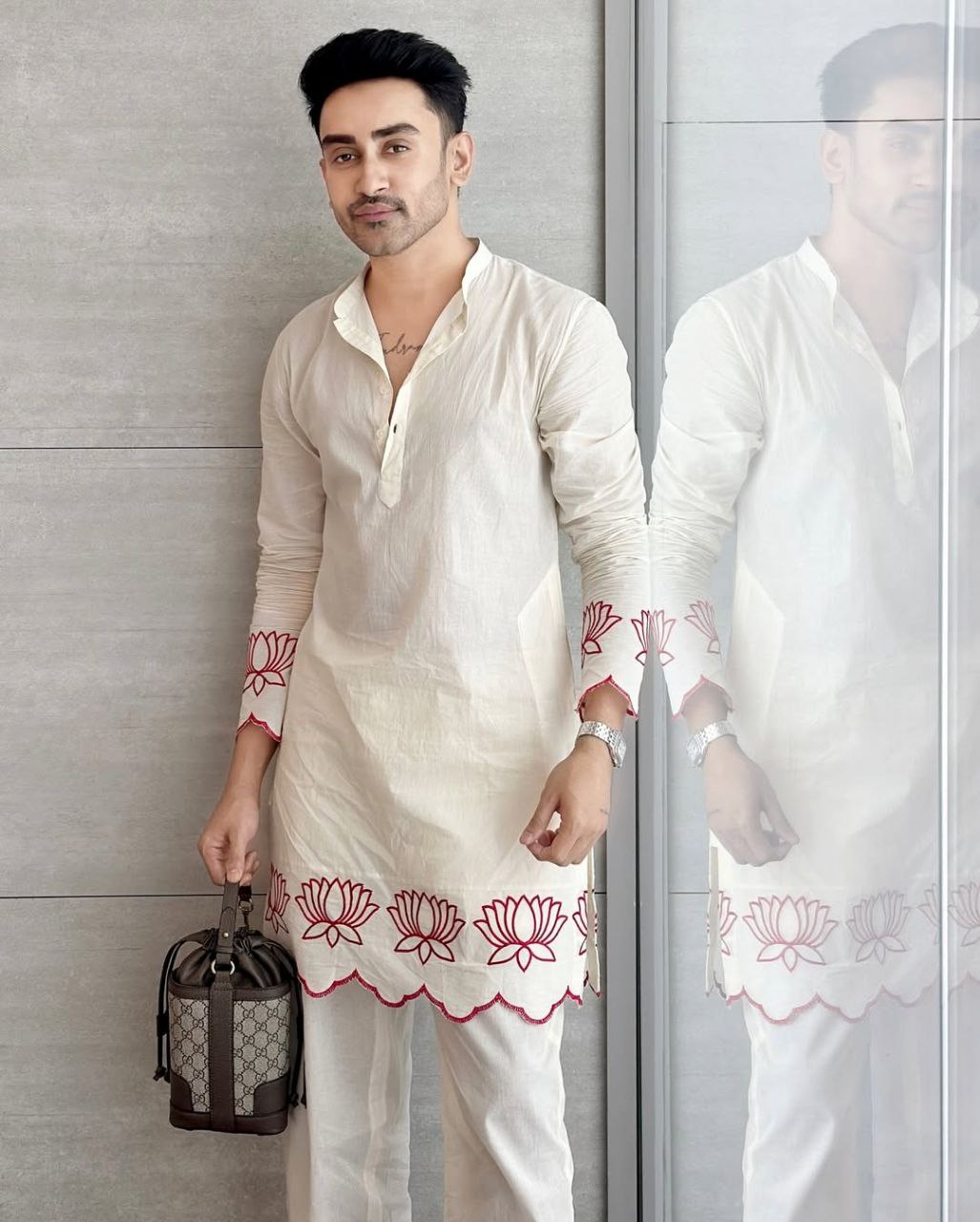 White Lotus Embroidered Men's Kurta With Pajama