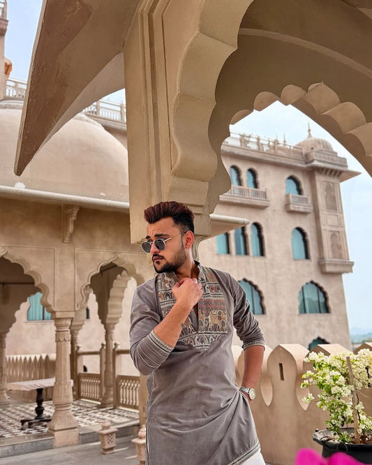 ELEPHANT Ironside Grey Neck Embroidered Work Men's Kurta with Pajama