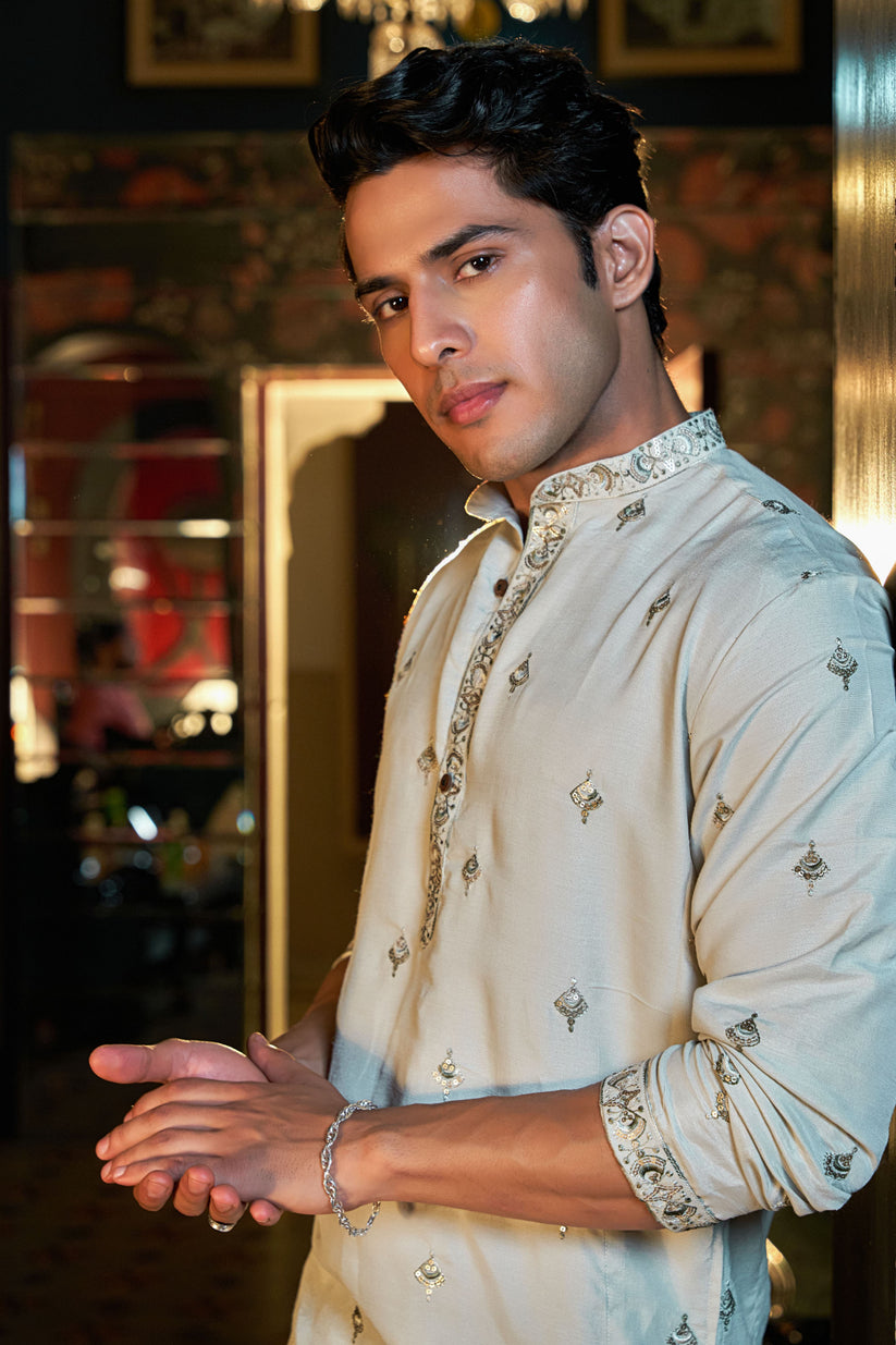 WHITE SEQUENCE EMBROIDERY WORKED MEN'S KURTA + WHITE PAJAMA