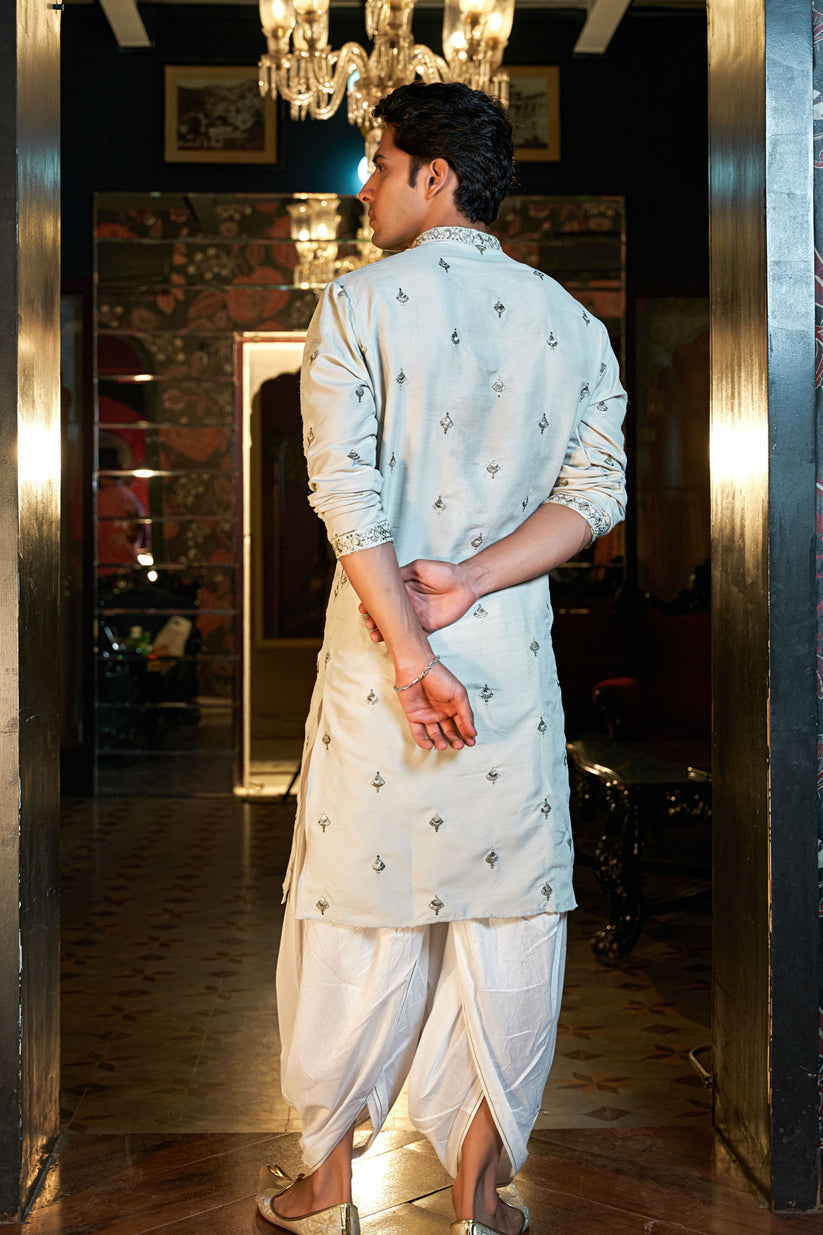 WHITE SEQUENCE EMBROIDERY WORKED MEN'S KURTA + WHITE PAJAMA