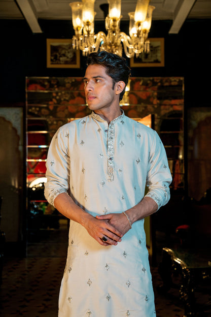 WHITE SEQUENCE EMBROIDERY WORKED MEN'S KURTA + WHITE PAJAMA