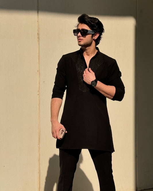 BLACK NECK WORK KURTA AND PAJAMA