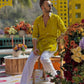 YELLOW LINEN EMBROIDERED SEQUIN WORK KURTA PAJAMA SET FOR MEN'S