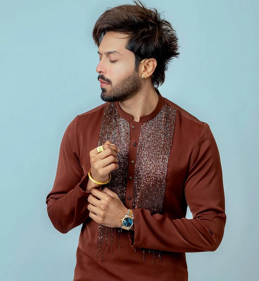 MAROON BOX NECK EMBROIDERED MEN'S KURTA WITH PAJAMA SET