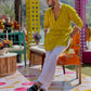 YELLOW LINEN EMBROIDERED SEQUIN WORK KURTA PAJAMA SET FOR MEN'S