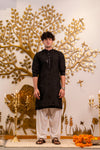 Jet Black Men's Kurta with Sequin Neckwork Embroidery