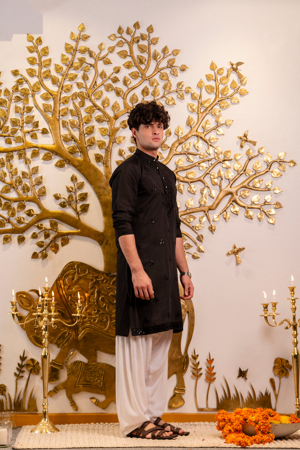 Jet Black Men's Kurta with Sequin Neckwork Embroidery