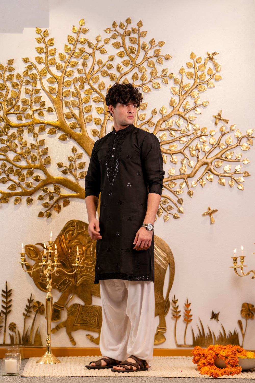 Jet Black Men's Kurta with Sequin Neckwork Embroidery