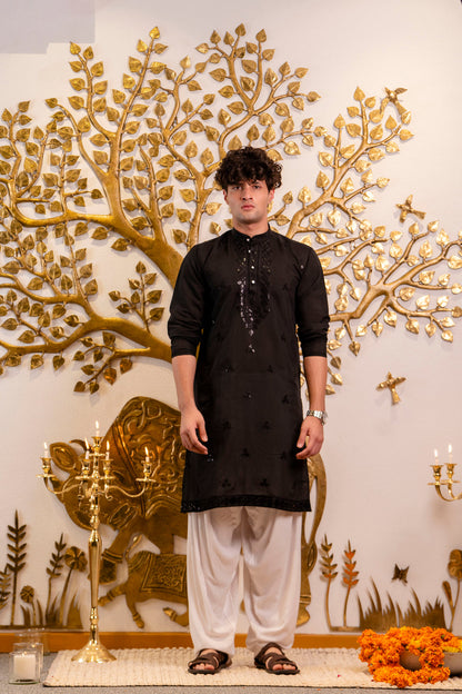 Jet Black Men's Kurta with Sequin Neckwork Embroidery