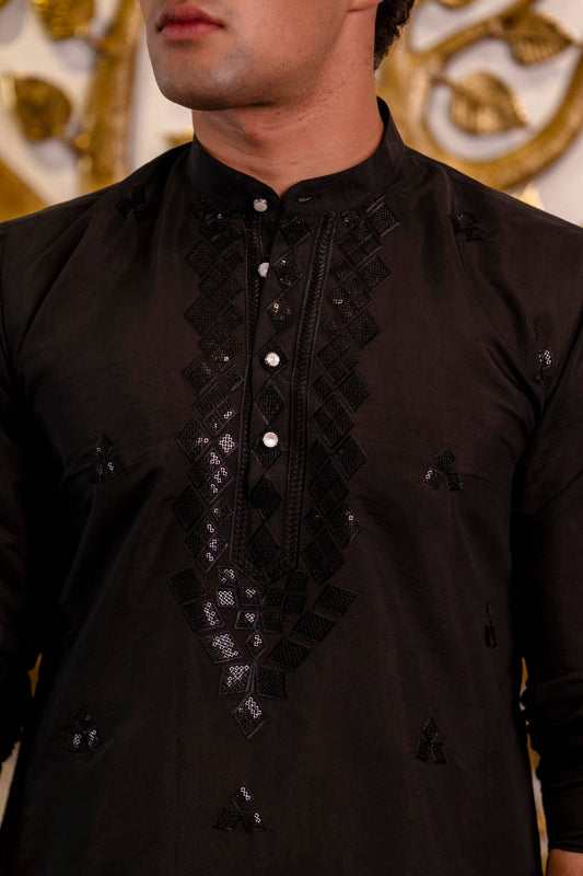 Jet Black Men's Kurta with Sequin Neckwork Embroidery