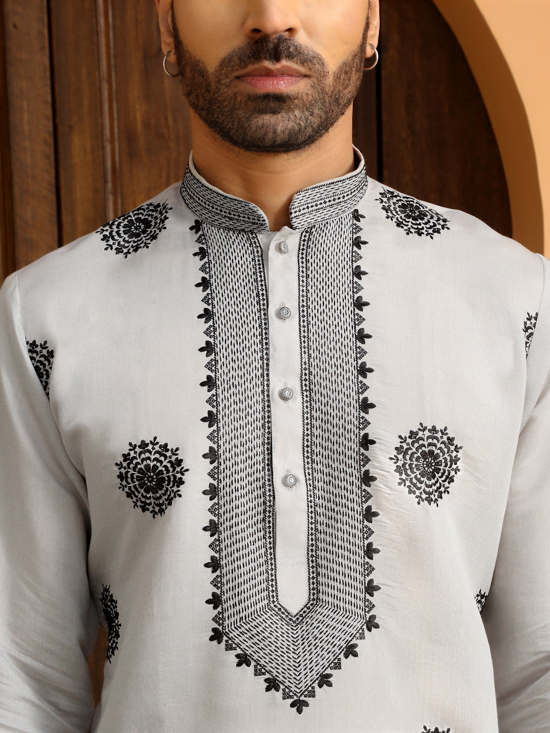 LIGHT GREY NECK EMBROIDERED WHITE KURTA WITH BLACK PAJAMA