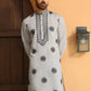 LIGHT GREY NECK EMBROIDERED WHITE KURTA WITH BLACK PAJAMA
