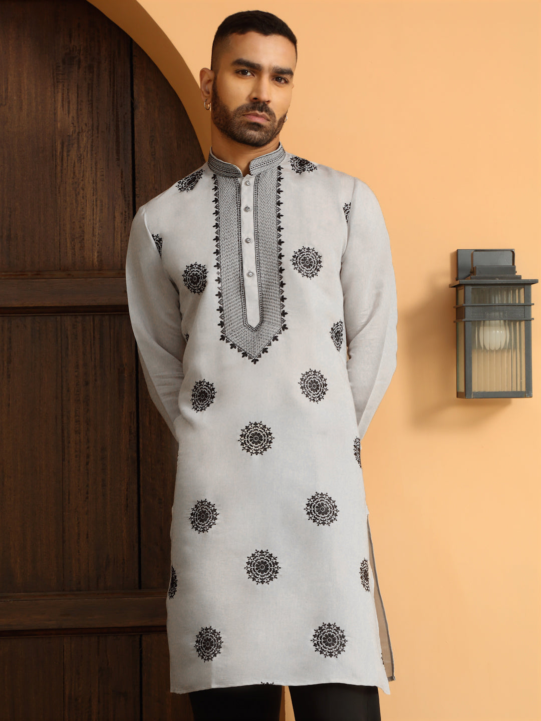 LIGHT GREY NECK EMBROIDERED WHITE KURTA WITH BLACK PAJAMA