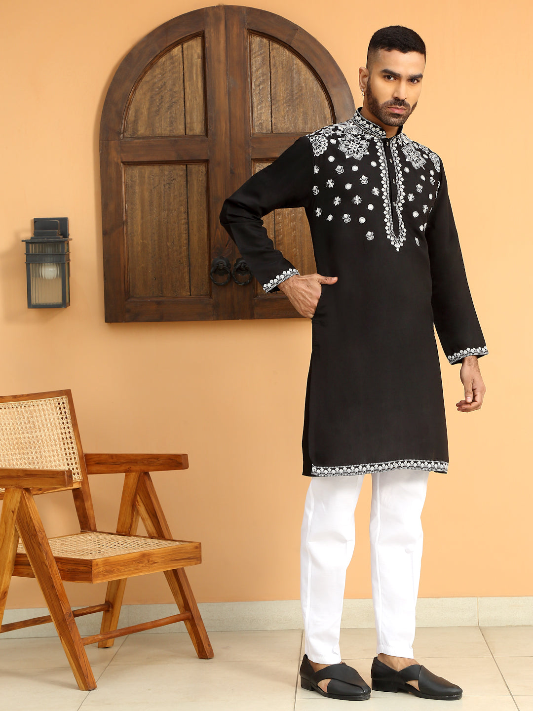BLACK COTTON NECK EMBROIDERED KURTA PAJAMA SET
