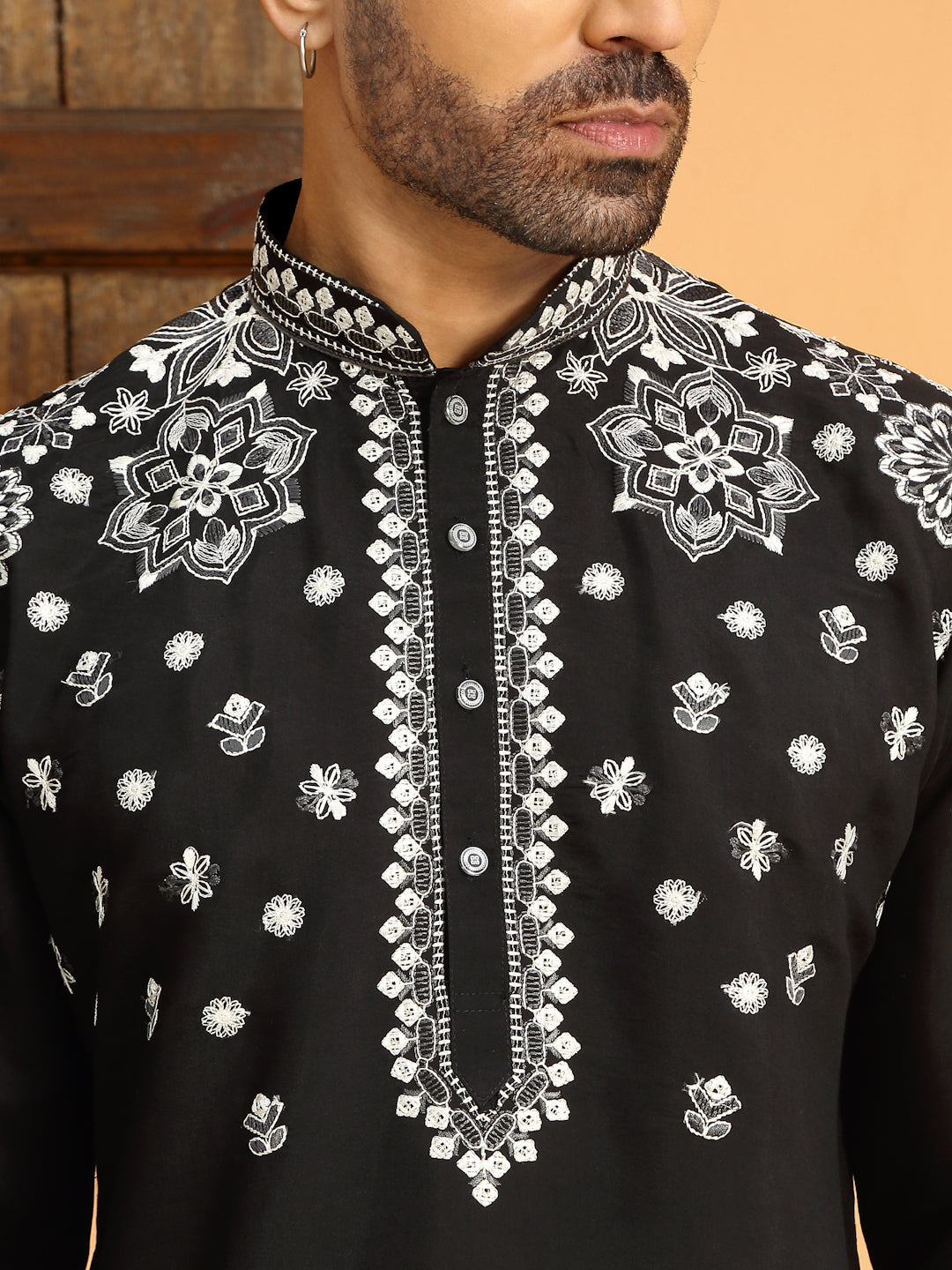 BLACK COTTON NECK EMBROIDERED KURTA PAJAMA SET