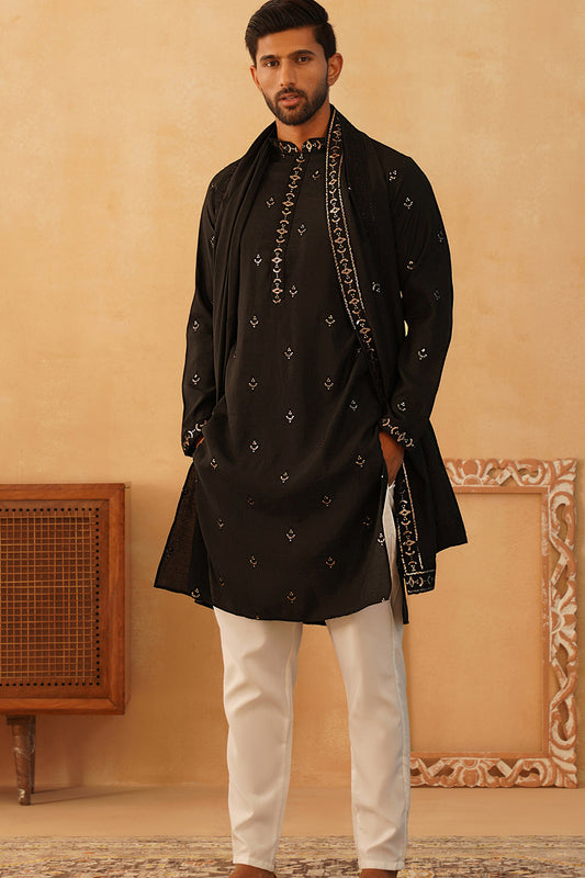 Stylish Black KURTA, PAJAMA AND DUPATA