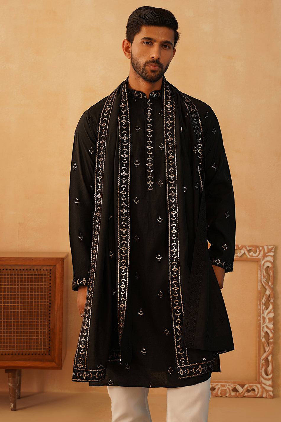 Stylish Black KURTA, PAJAMA AND DUPATA