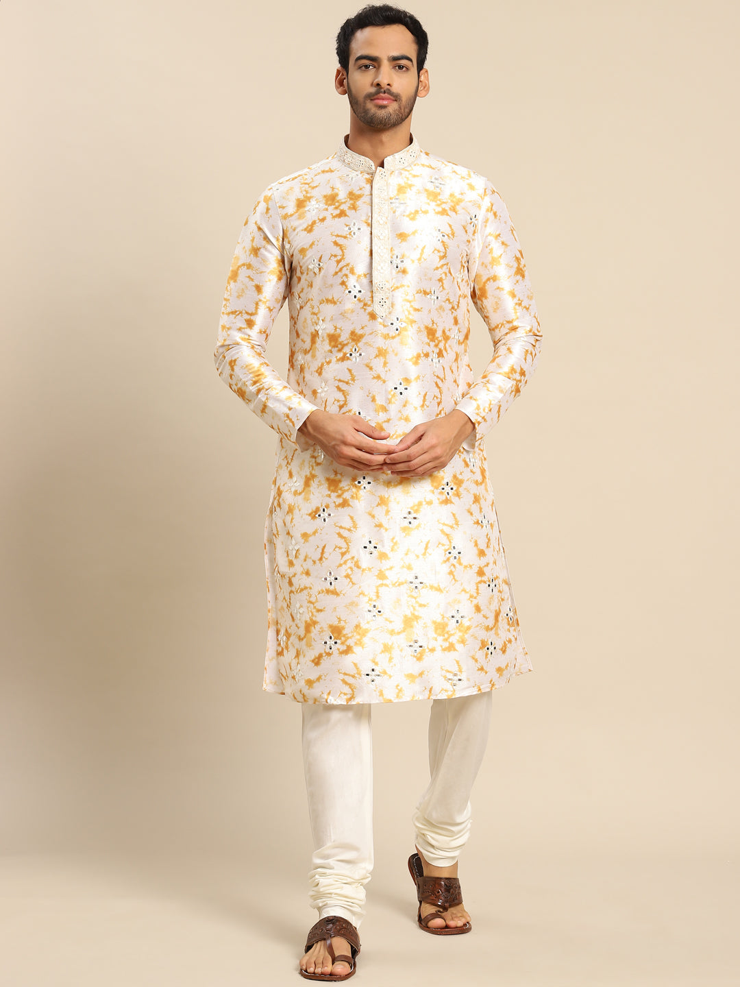 TIE AND DIE MIROOR YELLOW KURTA  WITH PAJAMA