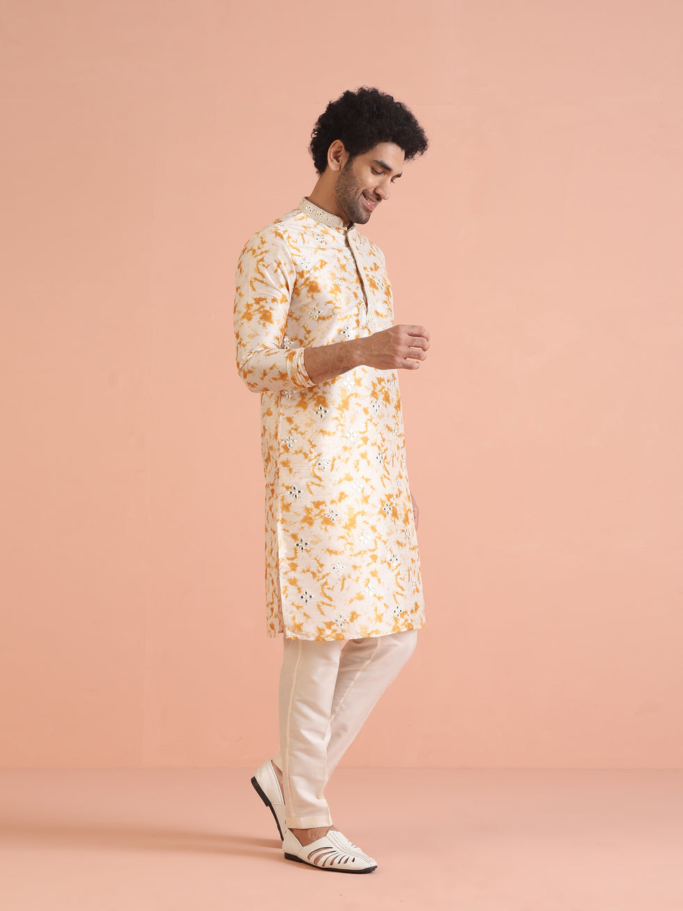 TIE AND DIE MIROOR YELLOW KURTA  WITH PAJAMA