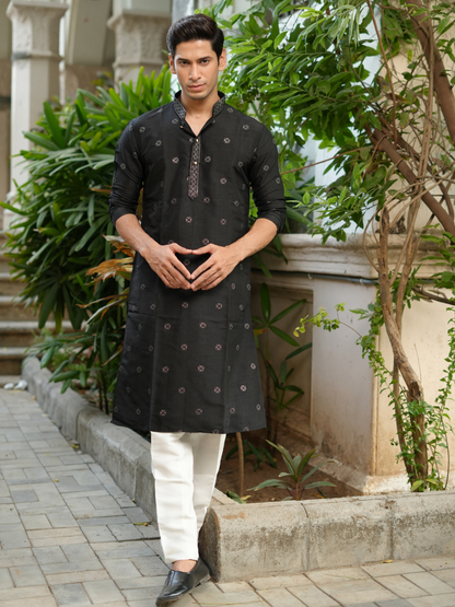 BLACK SEQUENCE EMBROIDERY WORKED MEN'S KURTA + BLACK PAJAMA