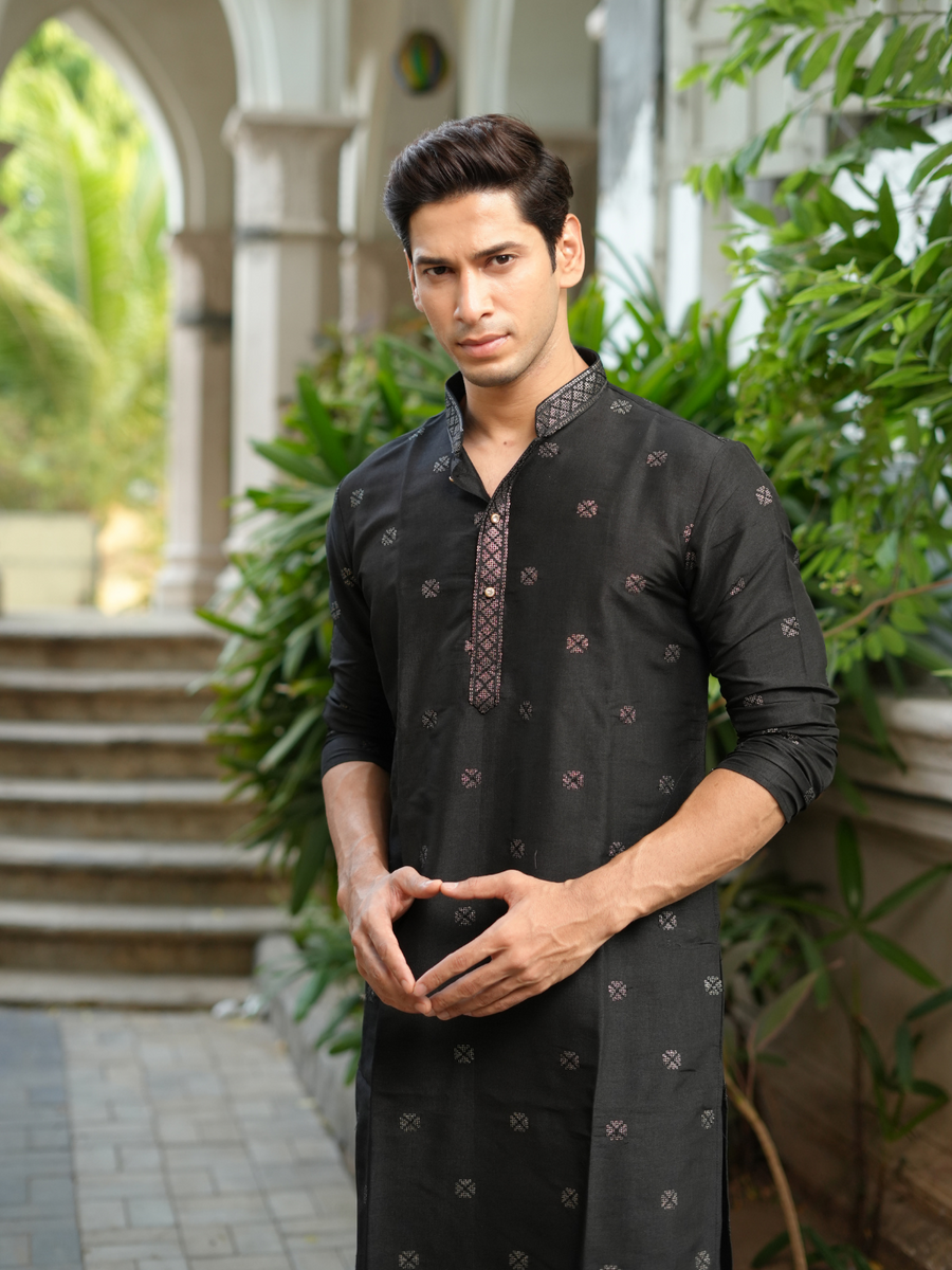 BLACK SEQUENCE EMBROIDERY WORKED MEN'S KURTA + BLACK PAJAMA