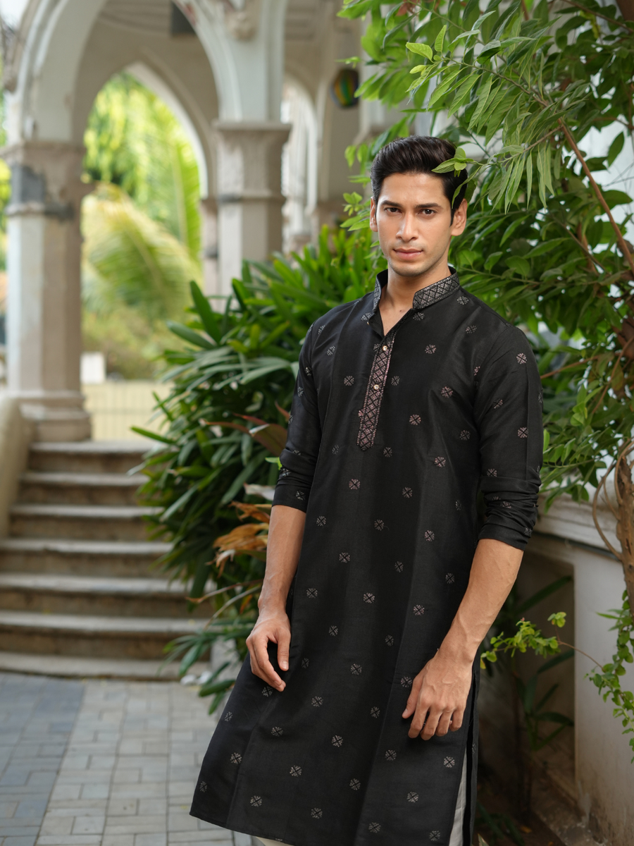 BLACK SEQUENCE EMBROIDERY WORKED MEN'S KURTA + BLACK PAJAMA