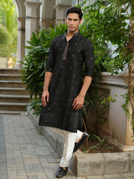 BLACK SEQUENCE EMBROIDERY WORKED MEN'S KURTA + BLACK PAJAMA