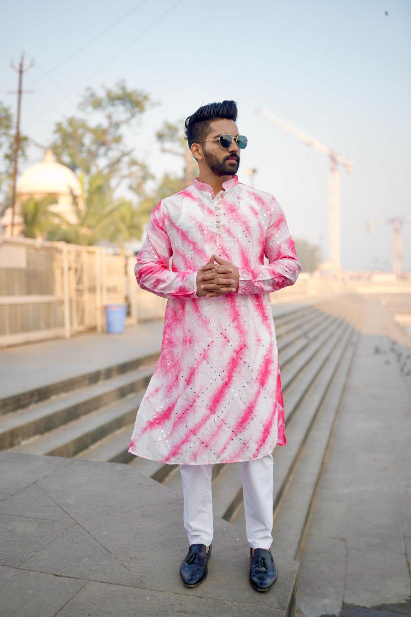 FUCHSIA PINK SILK TIE & DYE KURTA PAJAMA SET FOR MEN'S