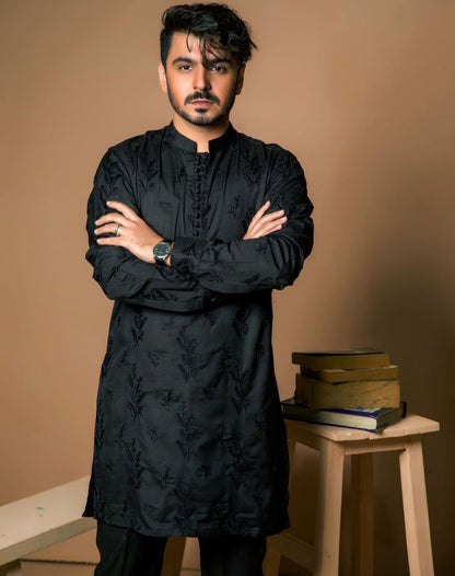 CELEBRITY MEN'S DESIGNER EMBRODRY BLACK KURTA WITH PAJAMA