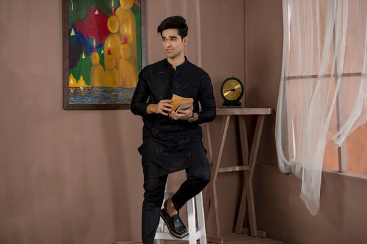 BLACK HUMMING BIRDS EMBRODRY KURTA WITH WHITE PAJAMA