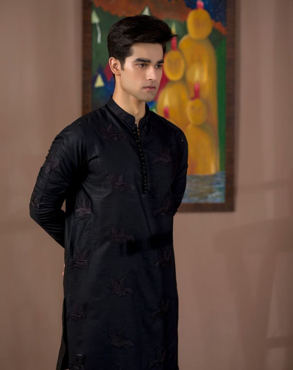 BLACK HUMMING BIRDS EMBRODRY KURTA WITH WHITE PAJAMA