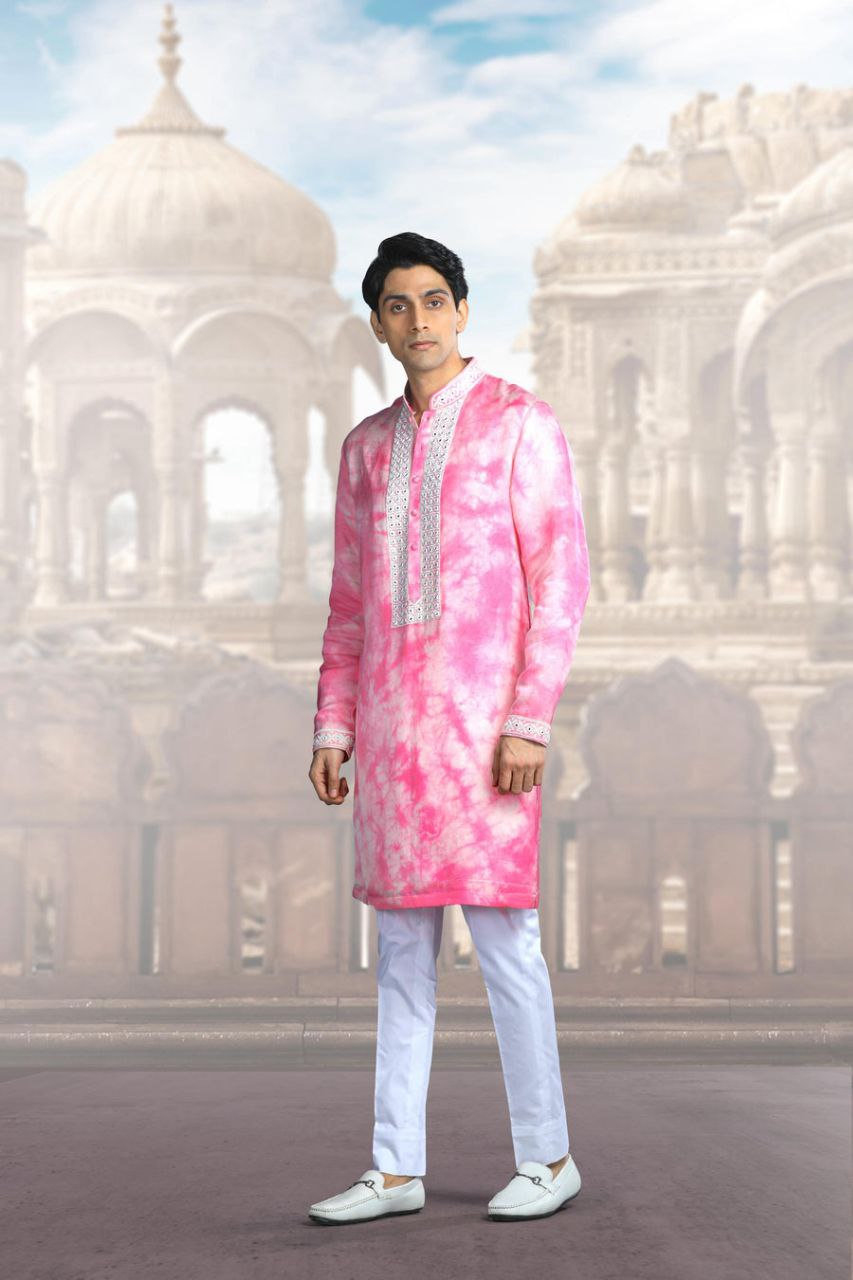 PINK Neck Embroidered Work Men's Kurta with Pajama