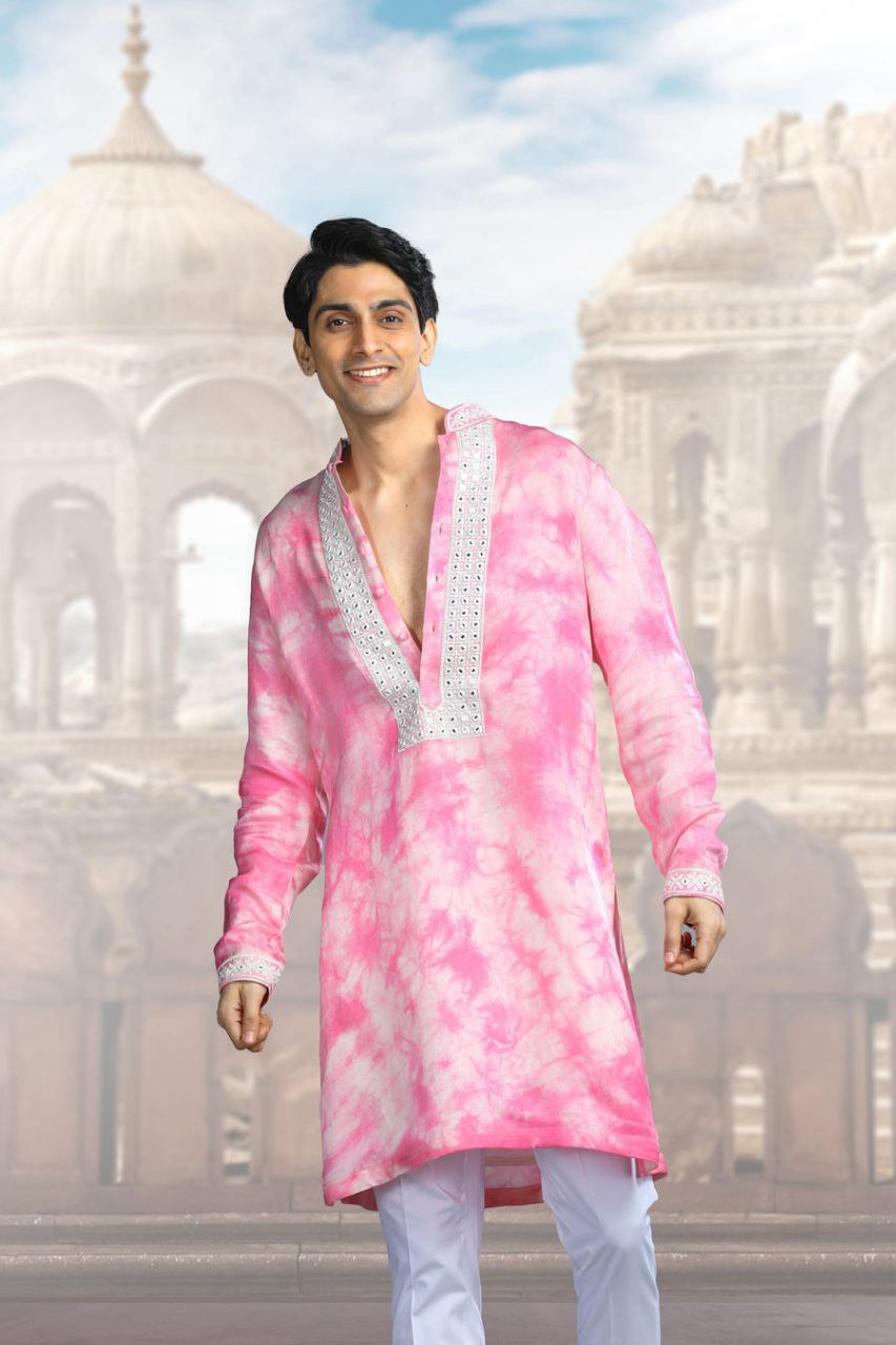 PINK Neck Embroidered Work Men's Kurta with Pajama