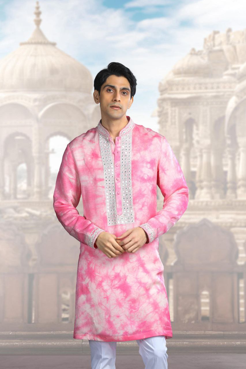 PINK Neck Embroidered Work Men's Kurta with Pajama