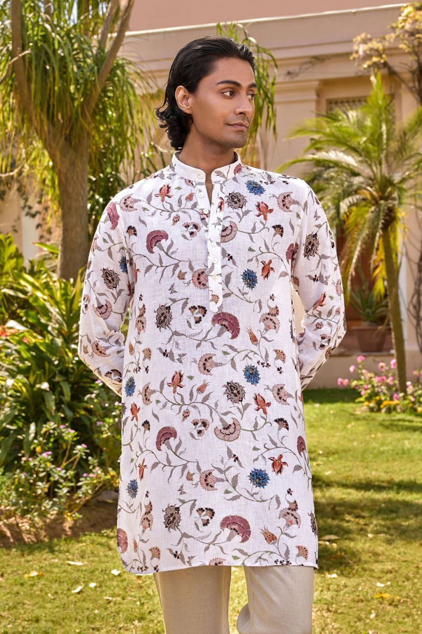 JAIPUR WHITE PRINTED KURTA WITH PAJAMA SET FOR MEN