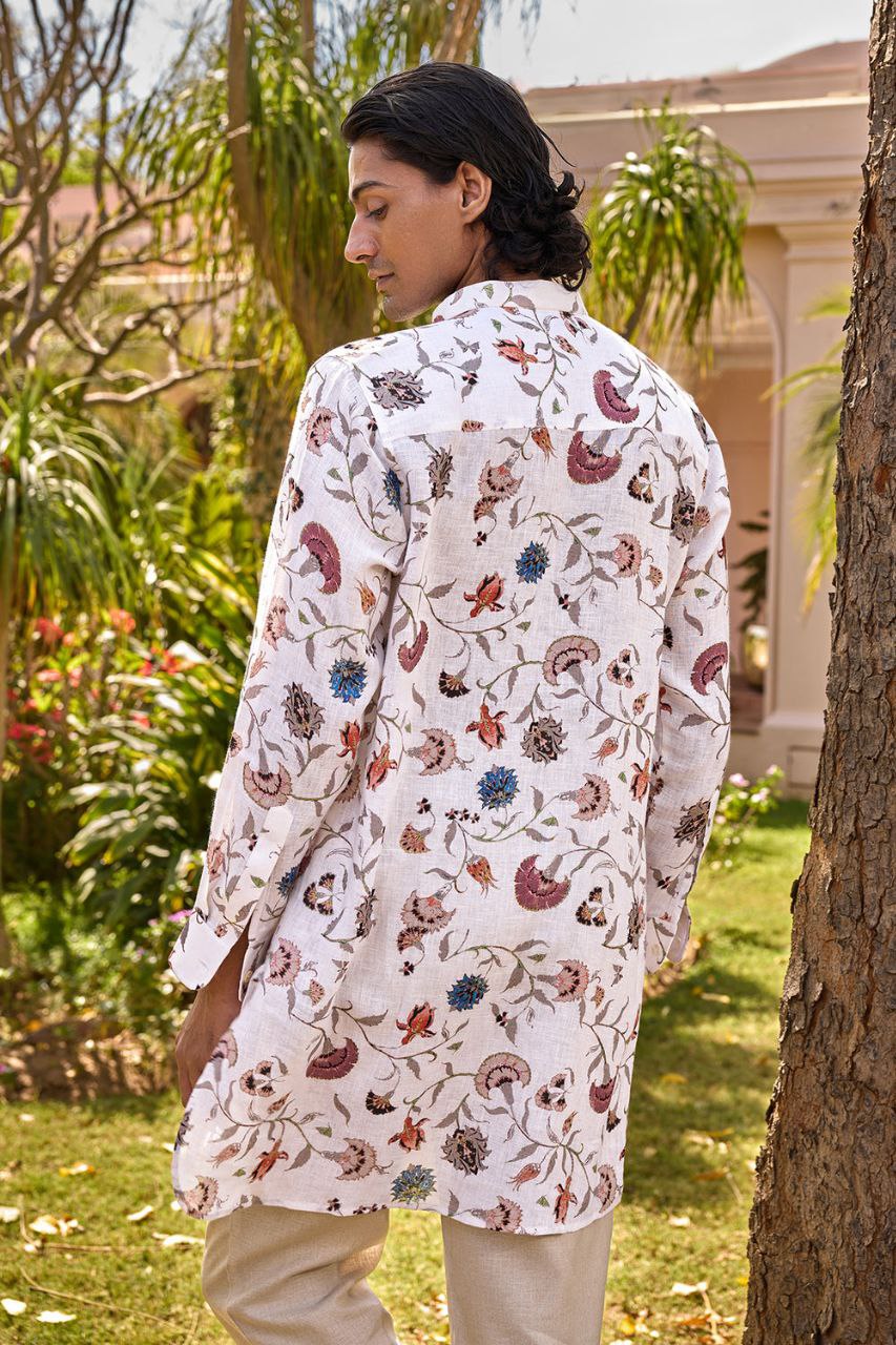 JAIPUR WHITE PRINTED KURTA WITH PAJAMA SET FOR MEN